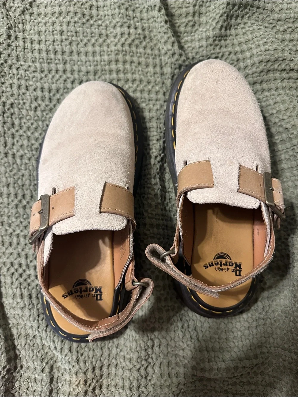 Dr. Martens Beige Suede Buckle Clog Sandals